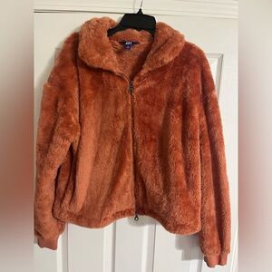 Joy Lab Women's Orange Fleece Jacket Size L Full Zip Fuzzy Pockets Burnt Orange